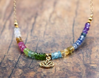 14K Gold filled LOTUS Gemstone Necklace|Moonstone| Orange + Pink Tourmaline| Peridot| Apatite| Chrome Diopside| Citrine| Kyanite| Amethyst