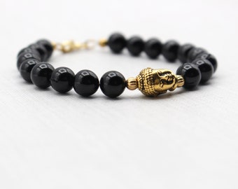 Gold Buddha + Onyx bracelet| Black and gold bracelet| Protection bracelet| Zen jewelry| Spiritual bracelet| Enlightenment jewelry| Crystals