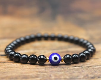Black Tourmaline Evil EYE Bracelet| PROTECTION bracelet| Wards Off Evil| Dainty Stretch bracelet| Evil Eye Jewelry| Talisman Gift| Classy
