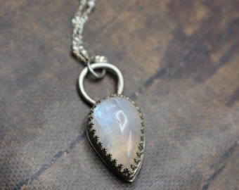 Handmade Moonstone Teardrop pendant| Sterling Silver Rainbow Moonstone| Teardrop Necklace| Hand-created Necklace|