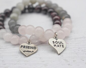 Pulsera de amor y amistad / Pulsera con dije de plata de ley maciza / Para amante o amigo / Cuarzo rosa y labradorita o cuarzo rosa y granate