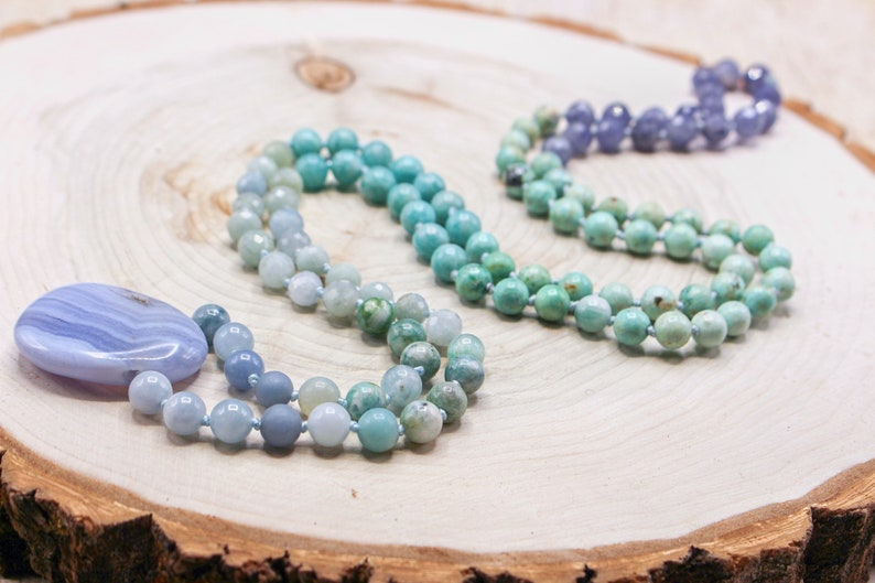 TRANQUILITY Mala| Throat Chakra| Blue Lace Agate, Aquamarine, Angelite, Hemimorphite, Amazonite, Turquoise & Iolite| 108 8mm Mala Boho Gift image 2