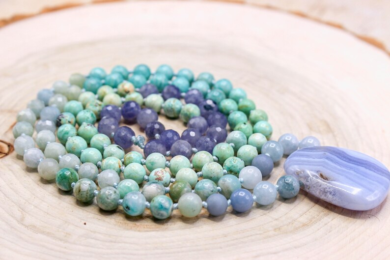 TRANQUILITY Mala| Throat Chakra| Blue Lace Agate, Aquamarine, Angelite, Hemimorphite, Amazonite, Turquoise & Iolite| 108 8mm Mala Boho Gift image 3