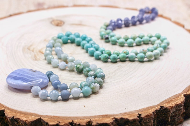 TRANQUILITY Mala| Throat Chakra| Blue Lace Agate, Aquamarine, Angelite, Hemimorphite, Amazonite, Turquoise & Iolite| 108 8mm Mala Boho Gift image 4