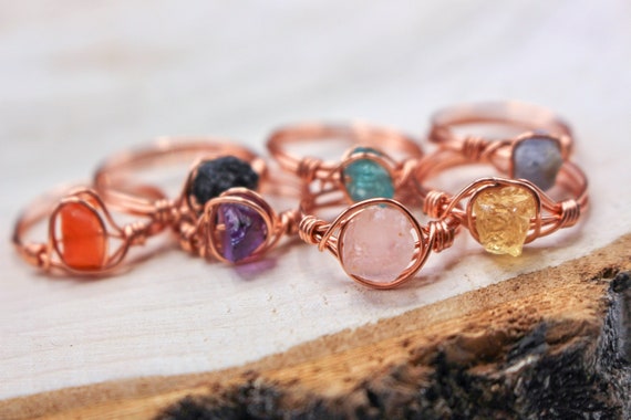 RAW Gemstone Copper Rings Copper Gold or Silver Wire Wrapped
