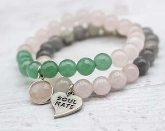 Pulsera de amor y amistad / Pulsera con dije de plata de ley maciza / Para amante o amigo / Cuarzo rosa y labradorita o cuarzo rosa y granate