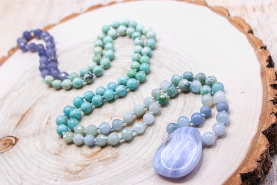 TRANQUILITY Mala| Throat Chakra| Blue Lace Agate, Aquamarine, Angelite, Hemimorphite, Amazonite, Turquoise & Iolite| 108 8mm Mala Boho Gift