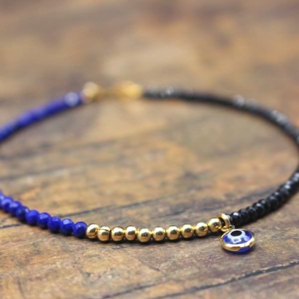 Lapis Lazuli + Black Tourmaline Evil eye Anklet- 14k Gold Filled| AAA Afghanistan Lapis Lazuli| Vibrant Lapis| Third eye Anklet| Talisman