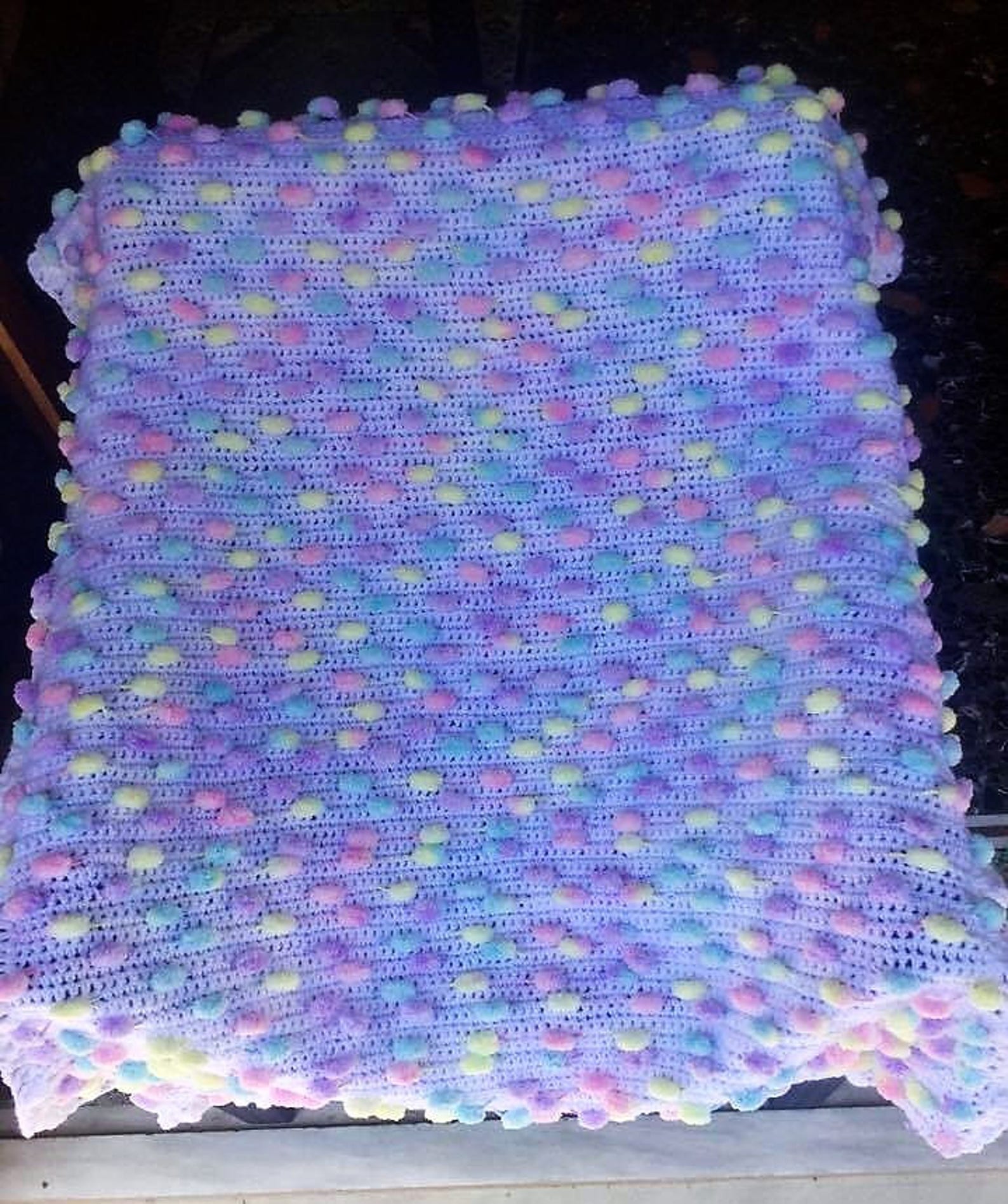 Crochet Baby Blanket White Acrylic Soft Yarn Multicolored Pom Etsy