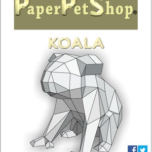 May include: A black and white line drawing of a koala, a marsupial native to Australia, sitting on its haunches. The drawing is in a polygonal style, with many triangles forming the outline of the animal. The drawing is titled "Koala" and is from the website "Paper Pet Shop".