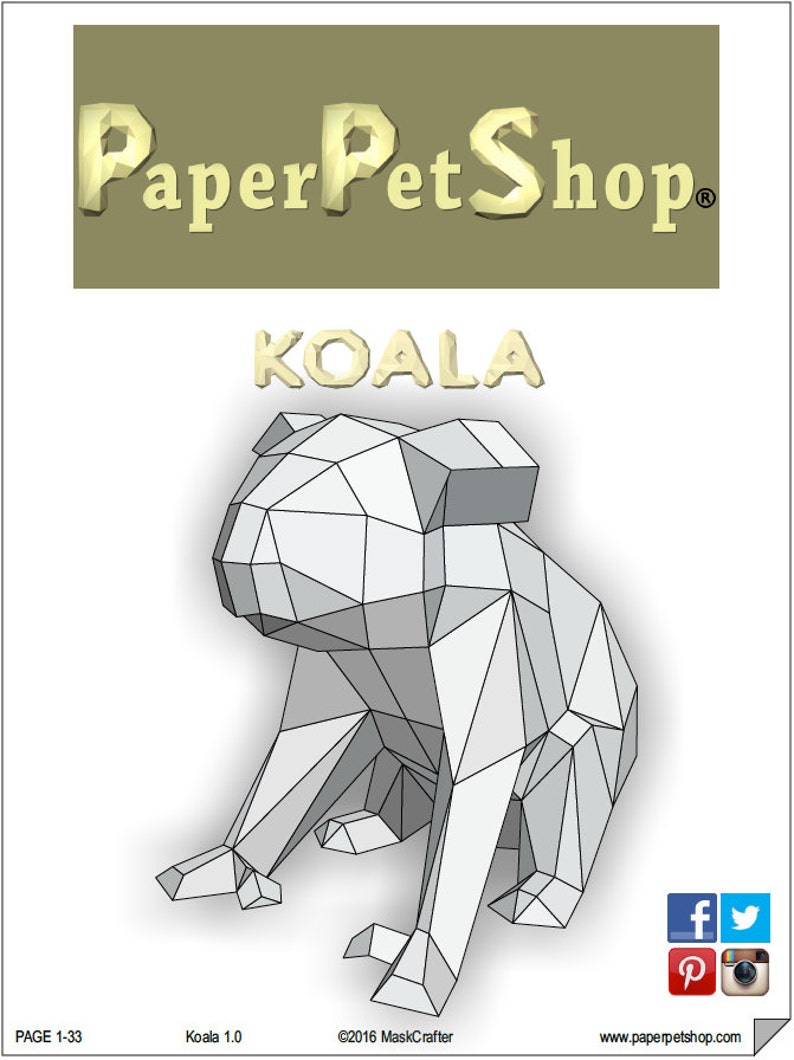 May include: A black and white line drawing of a koala, a marsupial native to Australia, sitting on its haunches. The drawing is in a polygonal style, with many triangles forming the outline of the animal. The drawing is titled "Koala" and is from the website "Paper Pet Shop".