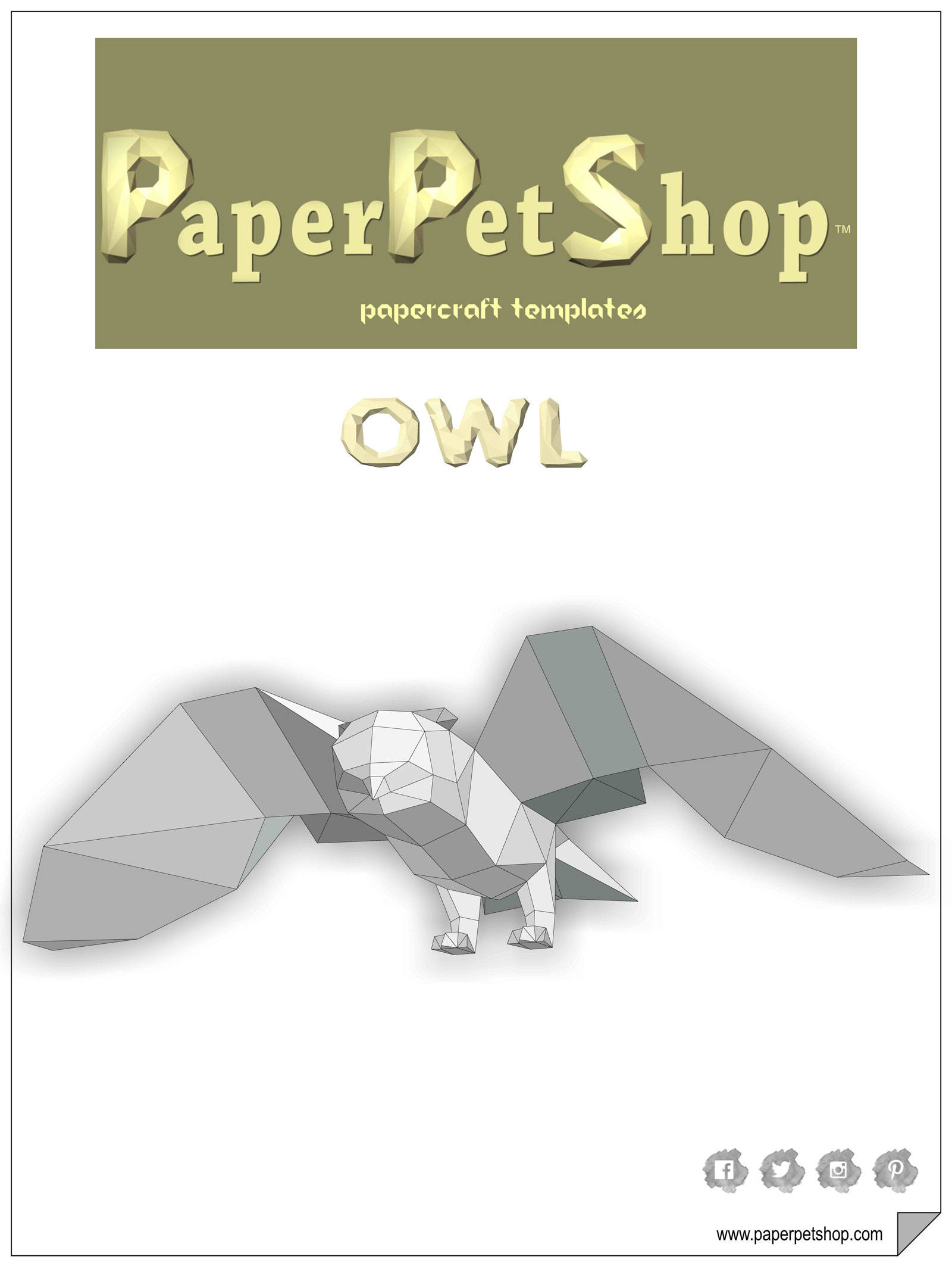 Owl flying and feet down, Papercraft Template, DIY Origami Paper Forest Pet