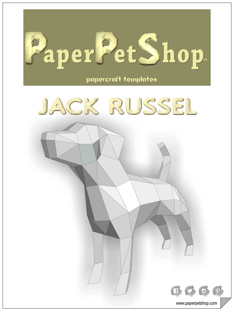 May include: Papercraft template of a Jack Russel terrier dog. The dog is white and made of paper. The template is from PaperPetShop.com.