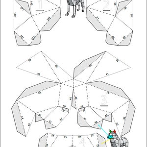 May include: A printable papercraft model of a dog. The model is made up of four sections, each with a number from 1 to 4. The model is designed to be cut out and folded into a 3D shape. The model is printed on a white background with black lines. The model includes the text 'Dog 1.0' and '©2016 MaskCrafter'.