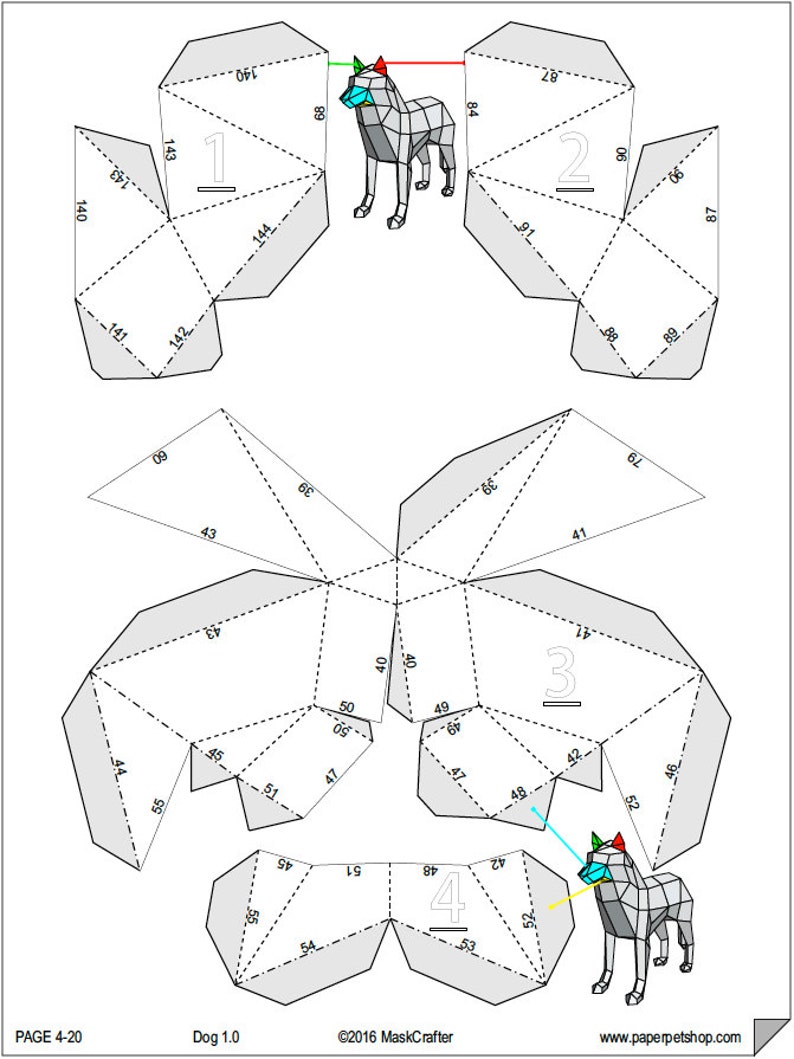 May include: A printable papercraft model of a dog. The model is made up of four sections, each with a number from 1 to 4. The model is designed to be cut out and folded into a 3D shape. The model is printed on a white background with black lines. The model includes the text 'Dog 1.0' and '©2016 MaskCrafter'.
