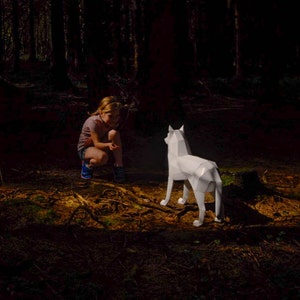 May include: A young person in a forest setting looking at a white paper wolf sculpture.