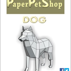 May include: A white, polygonal dog model with a gray outline. The dog is standing on a white background. The text 'PaperPetShop' is at the top of the image in yellow letters. The text 'DOG' is below the shop name in yellow letters. The text 'PAGE 1-20' is at the bottom left of the image. The text 'Dog 1.0' is at the bottom center of the image. The text '©2016 MaskCrafter' is at the bottom right of the image. The text 'www.paperpetshop.com' is at the bottom right of the image. Social media icons for Facebook, Twitter, Pinterest, and Instagram are at the bottom right of the image.