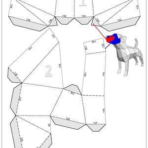 May include: A printable papercraft model of a Jack Russell terrier dog. The model is made up of 138 numbered pieces that are cut out and folded to create the 3D dog. The model is printed on a white background with black lines.