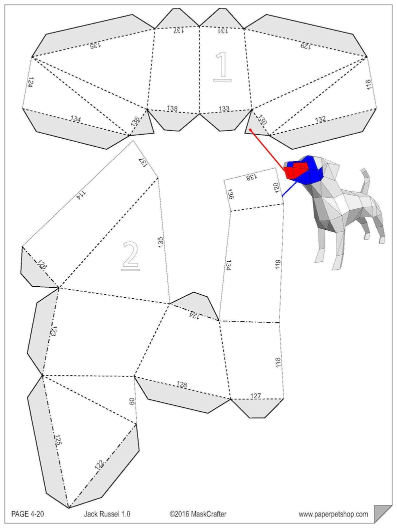 May include: A printable papercraft model of a Jack Russell terrier dog. The model is made up of 138 numbered pieces that are cut out and folded to create the 3D dog. The model is printed on a white background with black lines.
