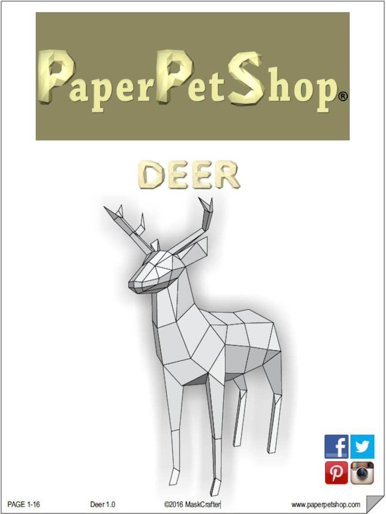 Paper Deer / Stag, Papercraft Template. Paper Forest Pet. Printable pdf 画像 4