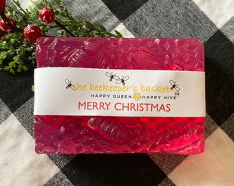 Merry Christmas Honeybee Glycerin Soap, Bee Soap, Holiday Scented Soap, Queen Bee Soap, Honey Bee and Comb Soap, Clear Soap, Bee Gifts