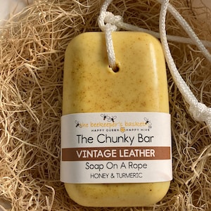 The Chunky Bar Vintage Leather Soap On A Rope- NEW! Larger Bar! Cologne Soap, Men’s Soap, Honey and Turmeric Soap, Gifts for Men