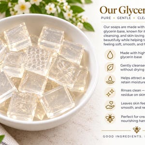 May include: A white bowl filled with clear, square glycerin soap cubes. Text on the right reads: Our Glycerin Base, Pure, Gentle, Clean, Versatile. It lists benefits including high-quality base, gentle cleansing, moisture retention, and residue-free rinsing.