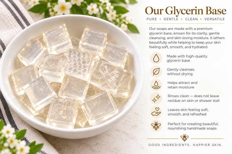 May include: A white bowl filled with clear, square glycerin soap cubes. Text on the right reads: Our Glycerin Base, Pure, Gentle, Clean, Versatile. It lists benefits including high-quality base, gentle cleansing, moisture retention, and residue-free rinsing.