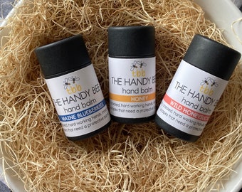 The Handy Bee Hand Balm 3-pk Bundle, Maine Blueberries, Wild Honeysuckle, Honey Beeswax Hand Balm, Chapped Hand Care, Lotion Bar