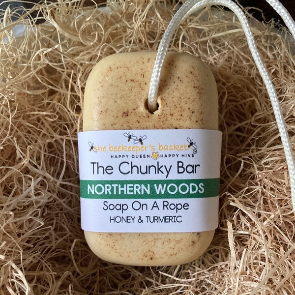 The Chunky Bar Northern Woods Triple Butter Soap On A Rope, Cologne Soap, Men’s Soap, Honey and Turmeric Soap, Gifts for Men, Men’s Gifts