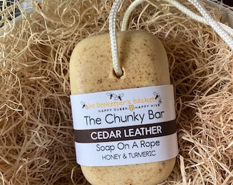 The Chunky Bar Cedar Leather Triple Butter Soap On A Rope, Cologne Soap, Men’s Soap, Honey and Turmeric Soap, Gifts for Men, Gift Ideas