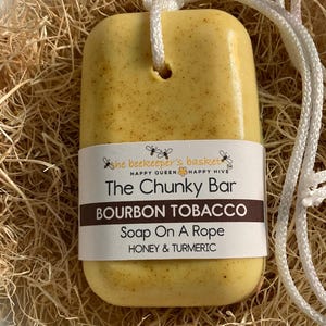 The Chunky Bar Bourbon Tobacco Triple Butter Soap On A Rope- NEW! Larger Bar! Honey and Turmeric Soap, Gifts for Men