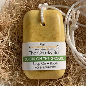 The Chunky Bar Boots On The Ground Triple Butter Soap On A Rope- NEW! Larger Bar! Cologne Soap, Honey and Turmeric Soap, Gifts for Men