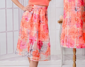 Woman Floral Skirt, High Waisted Skirt, Summer Skirt, Woman Midi Skirt, Organza Skirt, Neon Skirt, A Line Skirt, Woman Fashion Skirt