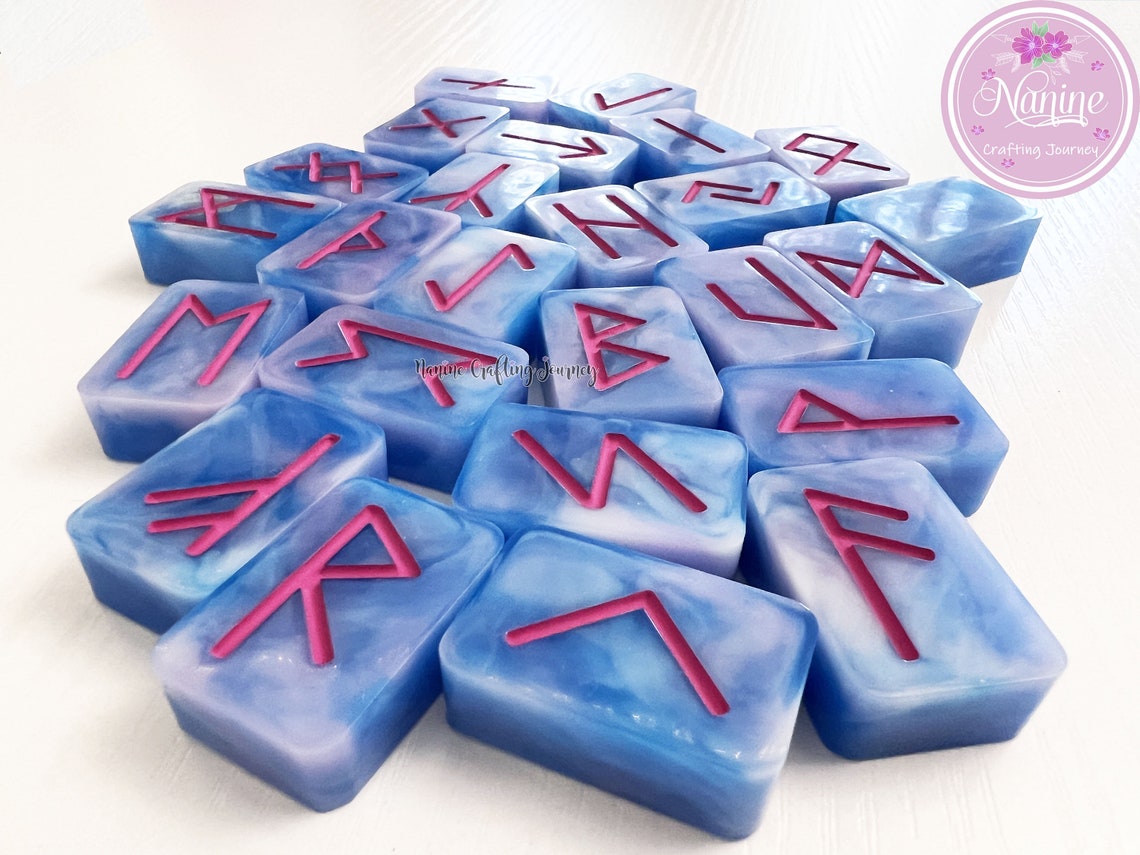 Light Blue Rune Baby Blue Resin Runes and Hot Pink Inlay | Elder Futhark Runes | Norse ...