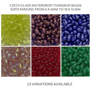 May include: A selection of Czech glass waterdrop/teardrop beads in various colours, with sizes ranging from 6 x 4mm to 18 x 15 mm. The image shows six colour variations: yellow-green, dark purple, blue, iridescent, red, and green. 23 variations available.