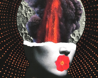 May include: A surreal collage featuring a woman's face with a red flower covering her mouth. The top of her head is replaced with a moon with a fiery red eruption bursting through a cloud of smoke.