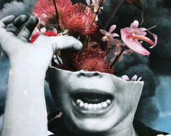 May include: A black and white photo of a person's face with a bouquet of pink and red flowers growing out of the top of their head. The flowers are partially obscuring the person's face.