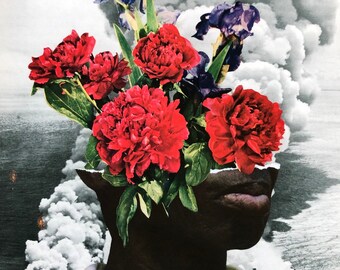 May include: A collage featuring a person's face with a bouquet of red and purple flowers growing out of their head. The background is a stormy sea with smoke and clouds.