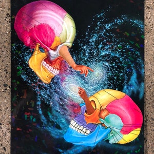 May include: Two colorful anatomical skull illustrations with detailed markings, set against a swirling galaxy background. The skulls appear to be reaching out to each other, creating a surreal and abstract image.