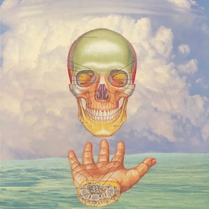 May include: A human skull with a detailed anatomical illustration of the bones and muscles, floating above a hand with a similar anatomical illustration of the bones and muscles. The background is a blue sky with white clouds.