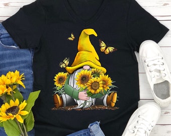 Gnome Funny Gnomies Sunflower T-Shirt Womens Long Sleeve Graphic Tee Shirt Valentines Day Cute Cotton T-Shirt