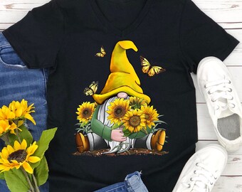 Gnome Funny Gnomies Sunflower T-Shirt Womens Long Sleeve Graphic Tee Shirt Valentines Day Cute Cotton T-Shirt