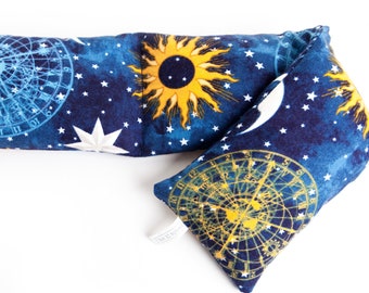 Sun Moon Stars Heating Pad, Astrology Gift, Space Heat Wrap, Blue Heat Pad, Lavender Rice Pack