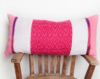 Bright Pink Bedroom Pillow, Long Pillow, Lumbar Boho Body Pillow, Bohemian Heart Decor, Linen, OOAK