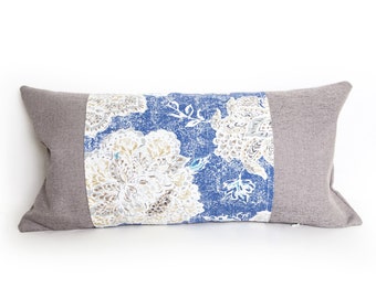 Blue Gray Lumbar Floral Pillow Cover, Bedroom Pillow, Farmhouse Decor, Bolster Pillow, 12x24