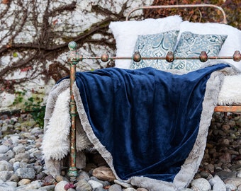 Navy Blue Faux Fur Blanket, Soft Blanket, Gift For Mom, Cozy Throw Blanket, Hygge Gift