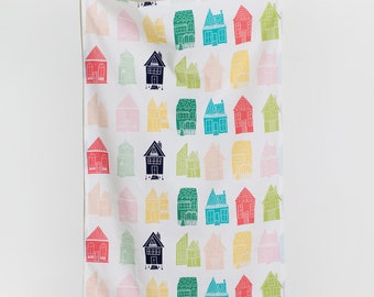 Large Tea Towel, Little Houses, New Home Gift, Hostess Kitchen Gift, Cotton Towel