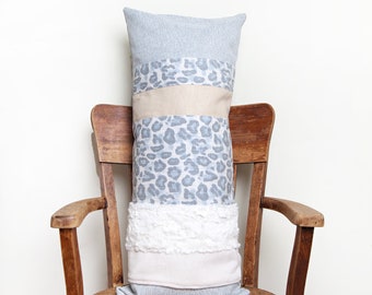 Blue Leopard Bohemian Long Lumbar Pillow Cover, Blue White Bedroom Pillow, Cozy Room Decor