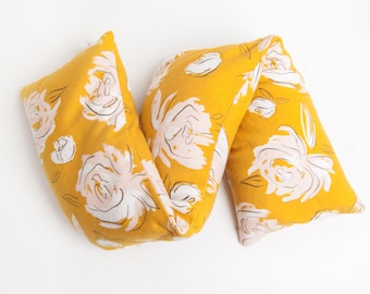 Golden Yellow Floral Heating Pad, Rice Bag, Microwave Heat Pad, Reusable Heat Pack, Lavender Muscle Wrap, Cozy Self Care Gift